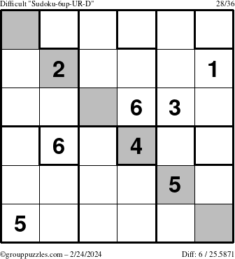 The grouppuzzles.com Difficult Sudoku-6up-UR-D puzzle for Saturday February 24, 2024