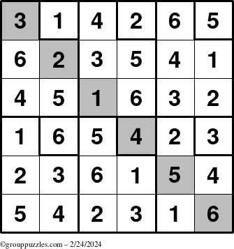 The grouppuzzles.com Answer grid for the Sudoku-6up-UR-D puzzle for Saturday February 24, 2024