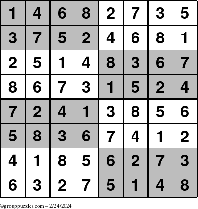 The grouppuzzles.com Answer grid for the SuperSudoku-8 puzzle for Saturday February 24, 2024