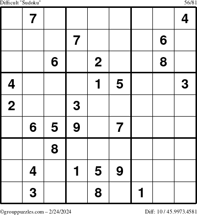 The grouppuzzles.com Difficult Sudoku puzzle for Saturday February 24, 2024