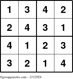 The grouppuzzles.com Answer grid for the Sudoku-4 puzzle for Thursday February 1, 2024