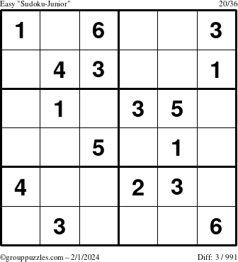 The grouppuzzles.com Easy Sudoku-Junior puzzle for Thursday February 1, 2024