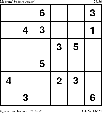 The grouppuzzles.com Medium Sudoku-Junior puzzle for Thursday February 1, 2024