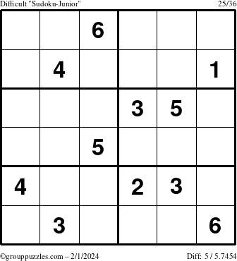 The grouppuzzles.com Difficult Sudoku-Junior puzzle for Thursday February 1, 2024