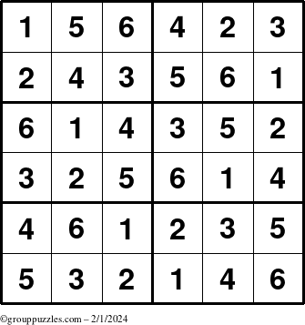 The grouppuzzles.com Answer grid for the Sudoku-Junior puzzle for Thursday February 1, 2024
