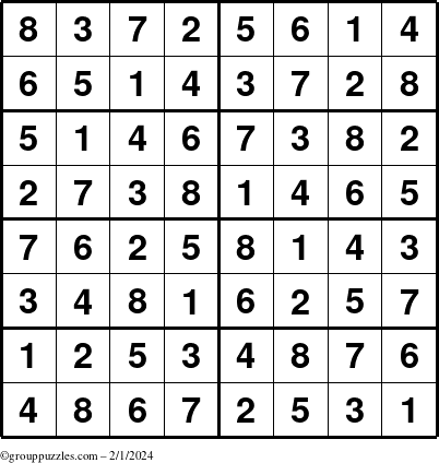 The grouppuzzles.com Answer grid for the Sudoku-8 puzzle for Thursday February 1, 2024