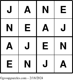The grouppuzzles.com Answer grid for the Jane puzzle for Sunday February 18, 2024