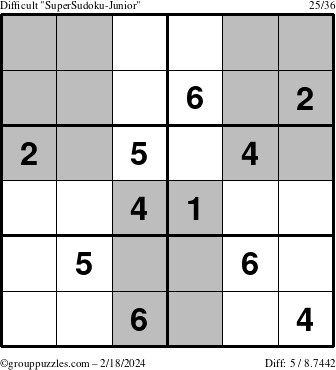 The grouppuzzles.com Difficult SuperSudoku-Junior puzzle for Sunday February 18, 2024