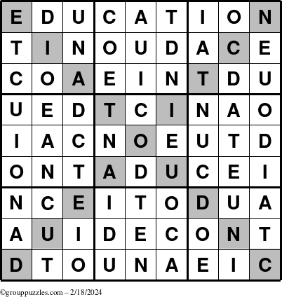 The grouppuzzles.com Answer grid for the Education-X puzzle for Sunday February 18, 2024