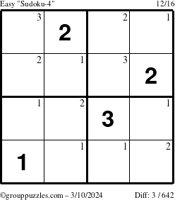The grouppuzzles.com Easy Sudoku-4 puzzle for Sunday March 10, 2024 with the first 3 steps marked