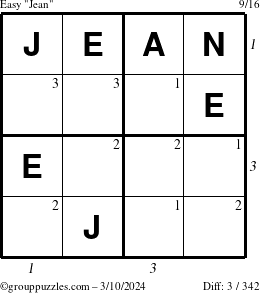 The grouppuzzles.com Easy Jean puzzle for Sunday March 10, 2024 with all 3 steps marked