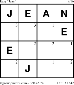 The grouppuzzles.com Easy Jean puzzle for Sunday March 10, 2024 with the first 3 steps marked