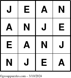 The grouppuzzles.com Answer grid for the Jean puzzle for Sunday March 10, 2024