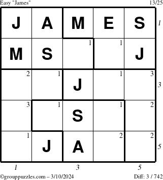 The grouppuzzles.com Easy James puzzle for Sunday March 10, 2024 with all 3 steps marked