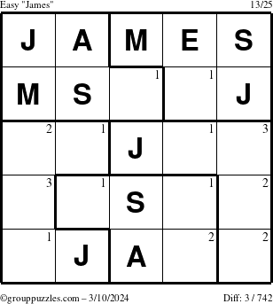 The grouppuzzles.com Easy James puzzle for Sunday March 10, 2024 with the first 3 steps marked