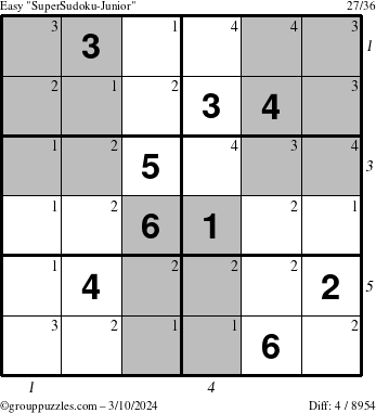 The grouppuzzles.com Easy SuperSudoku-Junior puzzle for Sunday March 10, 2024 with all 4 steps marked