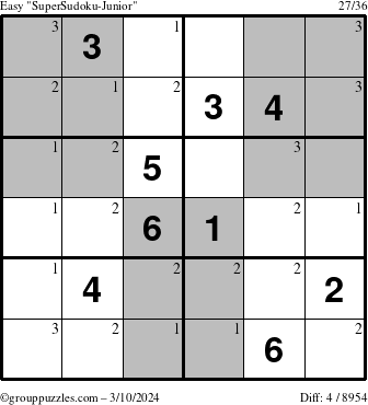 The grouppuzzles.com Easy SuperSudoku-Junior puzzle for Sunday March 10, 2024 with the first 3 steps marked