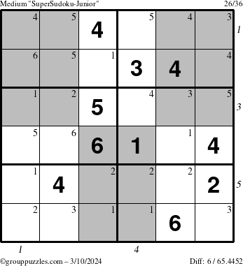 The grouppuzzles.com Medium SuperSudoku-Junior puzzle for Sunday March 10, 2024 with all 6 steps marked