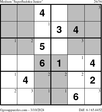 The grouppuzzles.com Medium SuperSudoku-Junior puzzle for Sunday March 10, 2024 with the first 3 steps marked