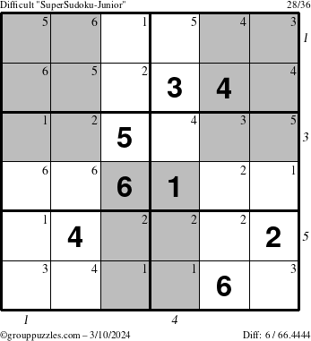 The grouppuzzles.com Difficult SuperSudoku-Junior puzzle for Sunday March 10, 2024 with all 6 steps marked