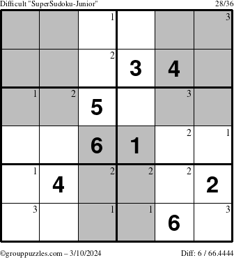 The grouppuzzles.com Difficult SuperSudoku-Junior puzzle for Sunday March 10, 2024 with the first 3 steps marked