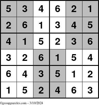 The grouppuzzles.com Answer grid for the SuperSudoku-Junior puzzle for Sunday March 10, 2024