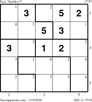 The grouppuzzles.com Easy Sudoku-5 puzzle for Sunday March 10, 2024 with all 4 steps marked