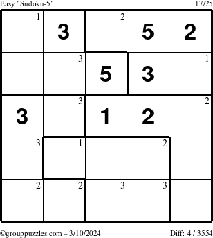 The grouppuzzles.com Easy Sudoku-5 puzzle for Sunday March 10, 2024 with the first 3 steps marked
