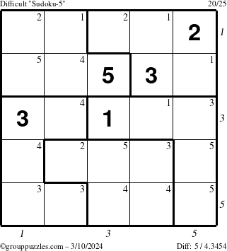 The grouppuzzles.com Difficult Sudoku-5 puzzle for Sunday March 10, 2024 with all 5 steps marked