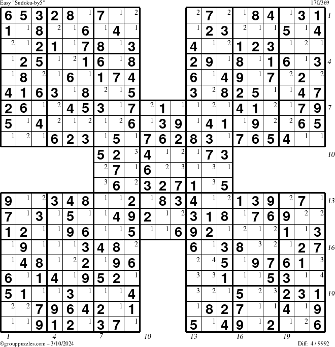 The grouppuzzles.com Easy Sudoku-by5 puzzle for Sunday March 10, 2024 with all 4 steps marked