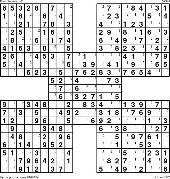 The grouppuzzles.com Easy Sudoku-by5 puzzle for Sunday March 10, 2024 with the first 3 steps marked