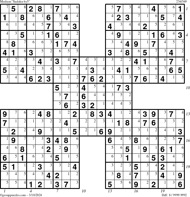 The grouppuzzles.com Medium Sudoku-by5 puzzle for Sunday March 10, 2024 with all 8 steps marked