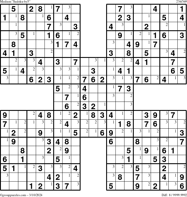 The grouppuzzles.com Medium Sudoku-by5 puzzle for Sunday March 10, 2024 with the first 3 steps marked