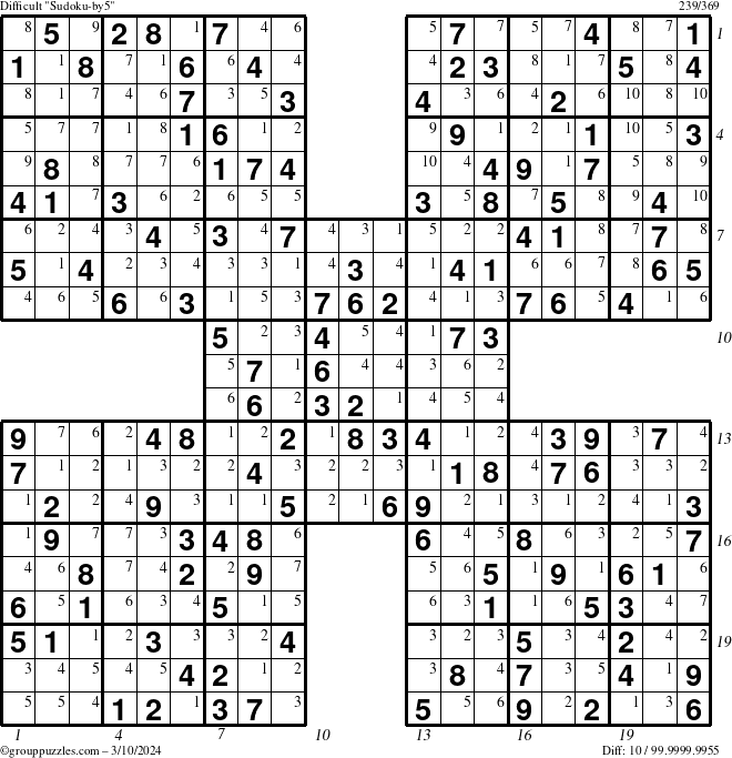 The grouppuzzles.com Difficult Sudoku-by5 puzzle for Sunday March 10, 2024 with all 10 steps marked