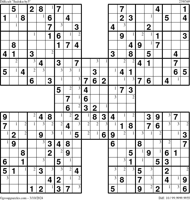 The grouppuzzles.com Difficult Sudoku-by5 puzzle for Sunday March 10, 2024 with the first 3 steps marked