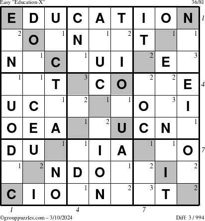 The grouppuzzles.com Easy Education-X puzzle for Sunday March 10, 2024 with all 3 steps marked
