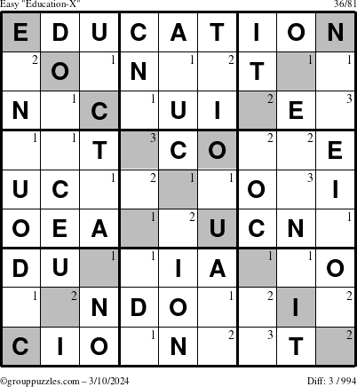 The grouppuzzles.com Easy Education-X puzzle for Sunday March 10, 2024 with the first 3 steps marked
