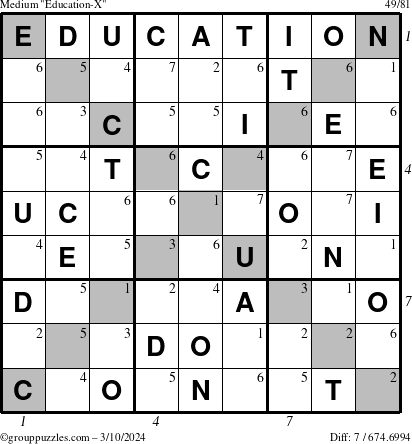 The grouppuzzles.com Medium Education-X puzzle for Sunday March 10, 2024 with all 7 steps marked