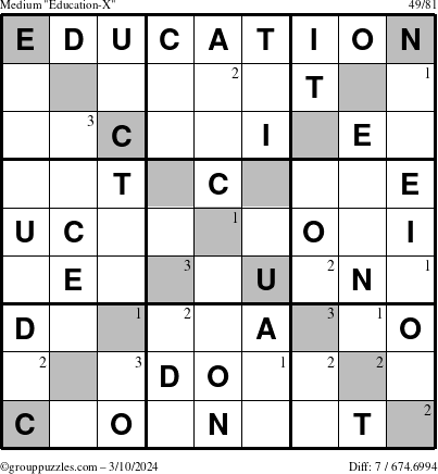 The grouppuzzles.com Medium Education-X puzzle for Sunday March 10, 2024 with the first 3 steps marked
