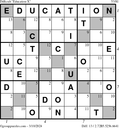 The grouppuzzles.com Difficult Education-X puzzle for Sunday March 10, 2024 with all 13 steps marked