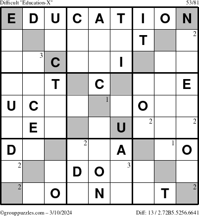 The grouppuzzles.com Difficult Education-X puzzle for Sunday March 10, 2024 with the first 3 steps marked