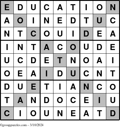 The grouppuzzles.com Answer grid for the Education-X puzzle for Sunday March 10, 2024