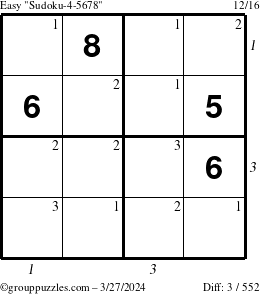 The grouppuzzles.com Easy Sudoku-4-5678 puzzle for Wednesday March 27, 2024 with all 3 steps marked