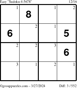 The grouppuzzles.com Easy Sudoku-4-5678 puzzle for Wednesday March 27, 2024 with the first 3 steps marked