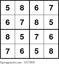 The grouppuzzles.com Answer grid for the Sudoku-4-5678 puzzle for Wednesday March 27, 2024