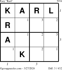 The grouppuzzles.com Easy Karl puzzle for Wednesday March 27, 2024 with all 3 steps marked