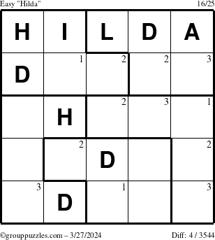 The grouppuzzles.com Easy Hilda puzzle for Wednesday March 27, 2024 with the first 3 steps marked