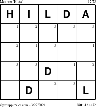 The grouppuzzles.com Medium Hilda puzzle for Wednesday March 27, 2024 with the first 3 steps marked