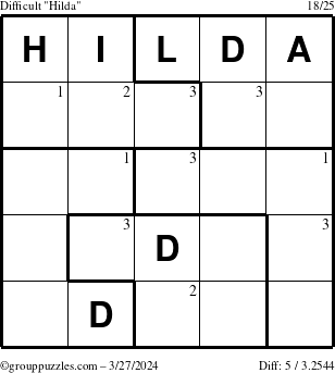 The grouppuzzles.com Difficult Hilda puzzle for Wednesday March 27, 2024 with the first 3 steps marked