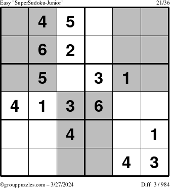 The grouppuzzles.com Easy SuperSudoku-Junior puzzle for Wednesday March 27, 2024